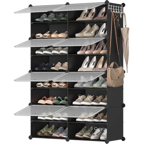 Shoe Rack Organizer, 8-Tier Shoe Storage Cabinet for Closet and Entryway, Holds 32 Pairs of Shoes, Adjustable, Cloud White and Trasparent