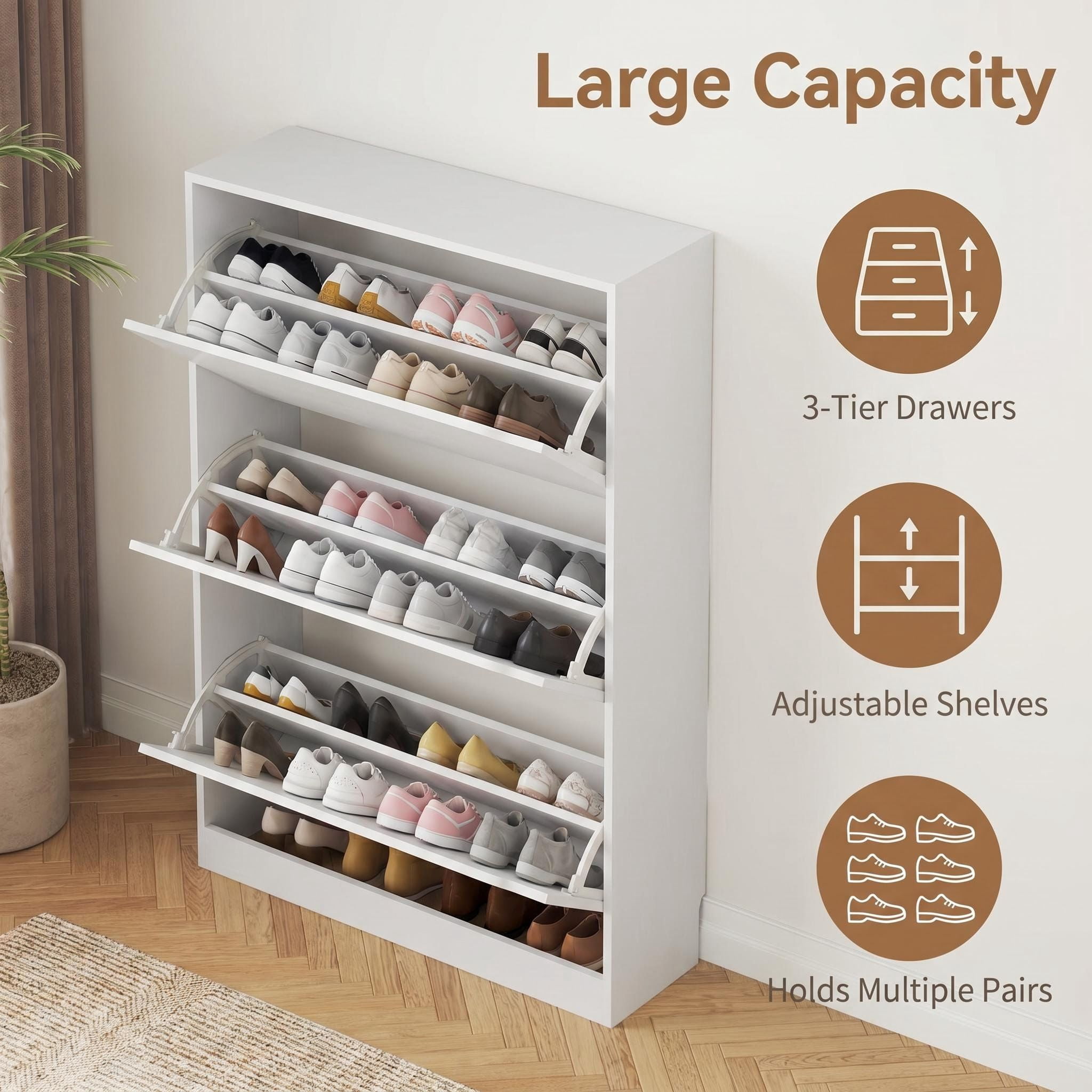 Slim 8.66 Inch Depth Shoe Storage Cabinet, Matte White 3 Flip Drawers Shoe Organizer with Adjustable Shelves Anti-Tip Kit for Entryway Small Apartment Hallway
