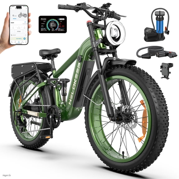Helokeep 26" Fat Tire Bike for Adults, Class 3, 28 MPH Pedal Assist, 750W Motor, 48V 25Ah Removable Battery, UL2849, Full Suspension, Green