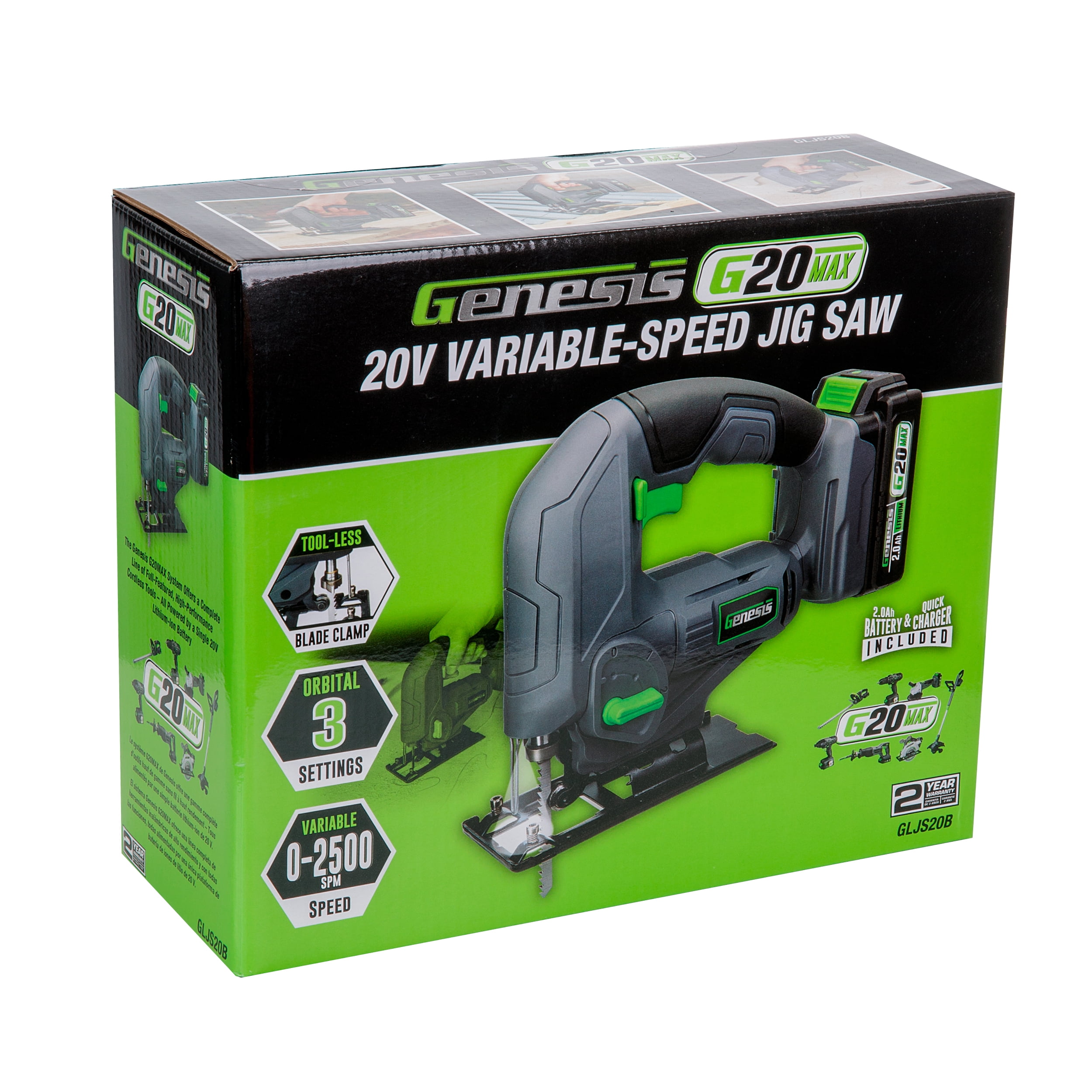 GENESIS G20MAX 20V Variable-Speed Jig Saw with 3-Orbital Settings, 2.0Ah Battery and quick charger included.