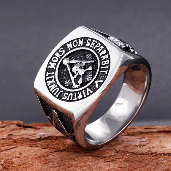 Vintage Knights Templar Freemason 14K White Gold Skull Ring Mens Masonic Freemasonry Biker Jewelry Gift for Man