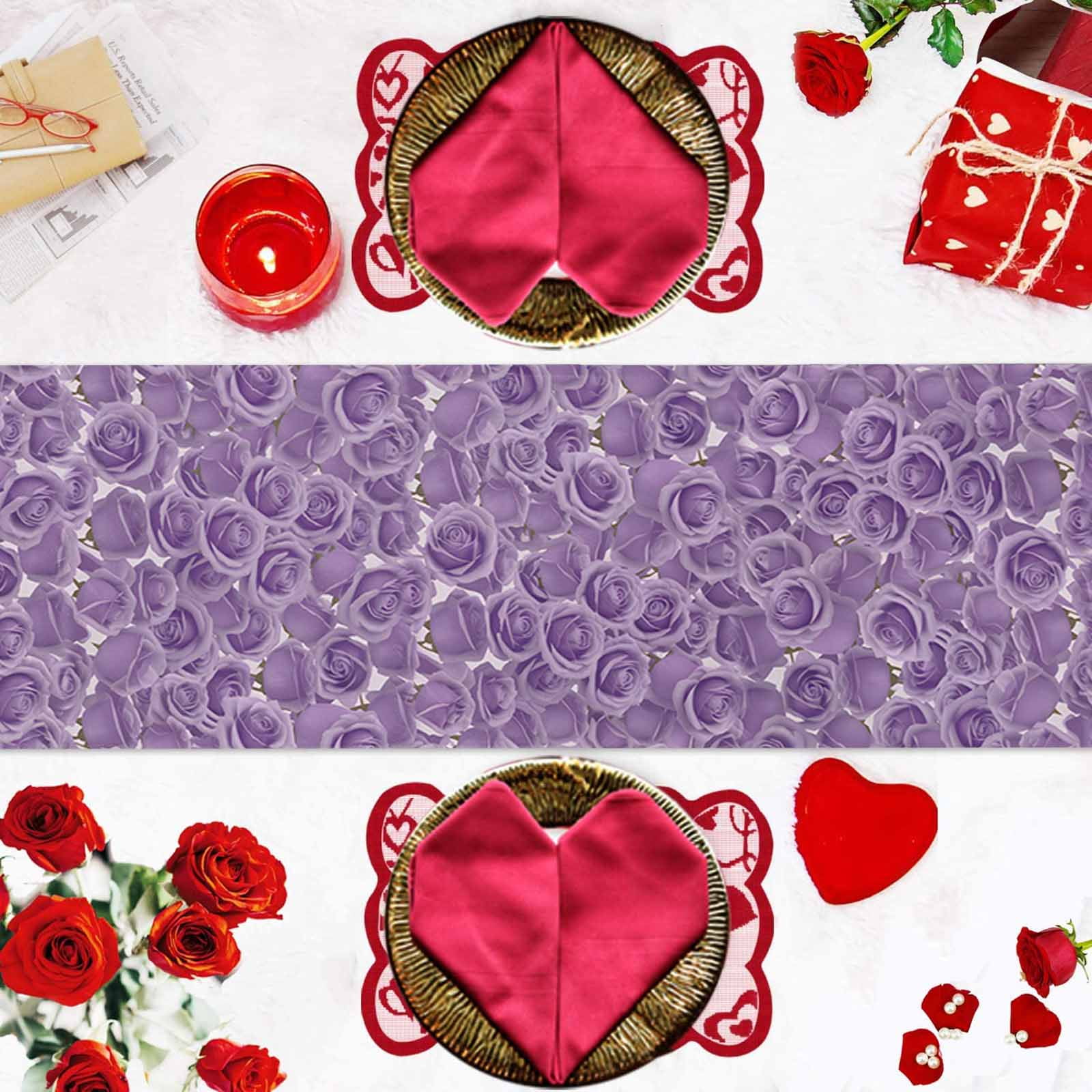 Purple Rose Table Runner, Valentine's Day Washable Cotton-linen Table Runners Dining Kitchen Decoration for Everyday Home Wedding Party Decor, 13 x 120 Inch