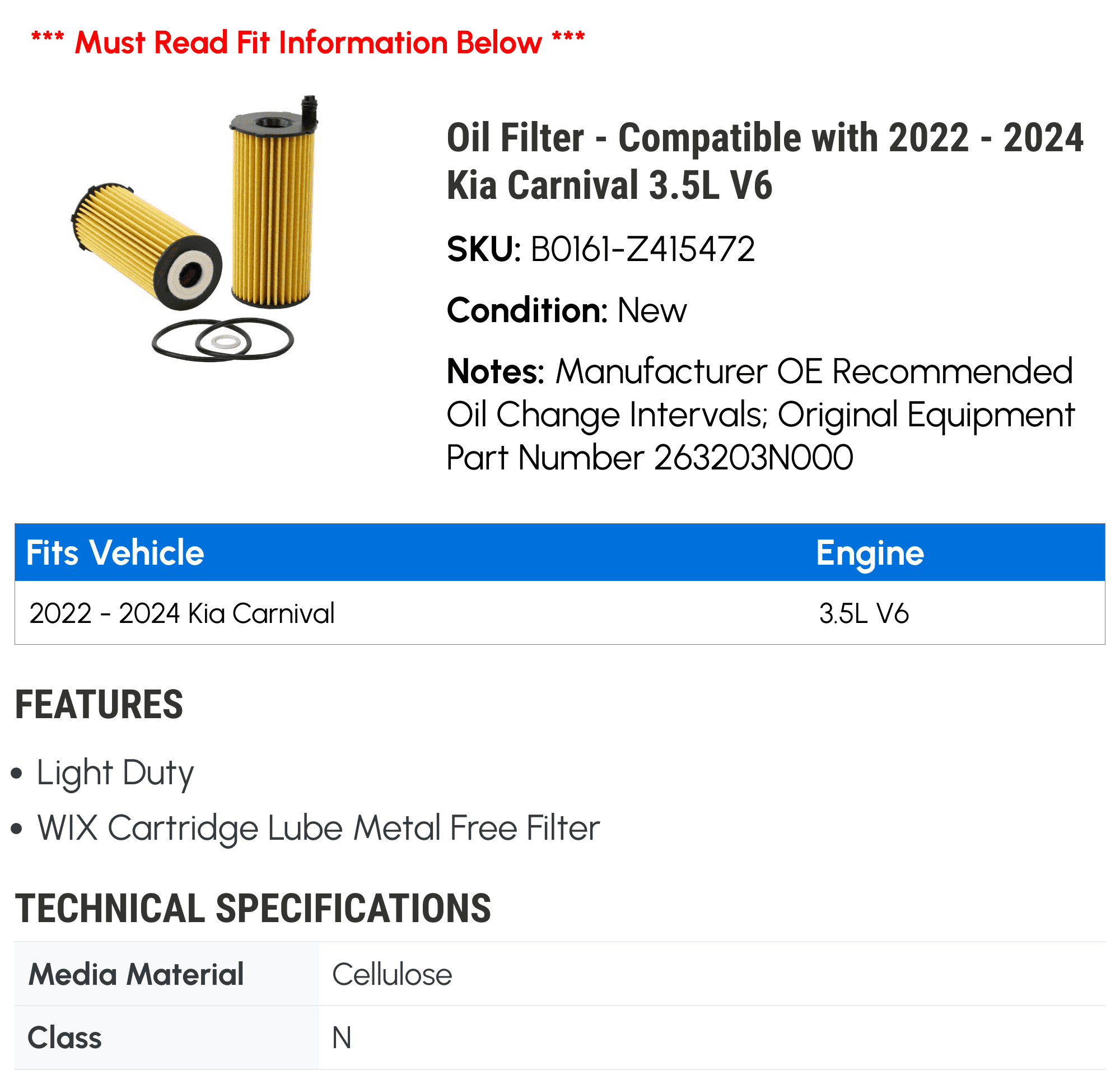 Oil Filter - Compatible with 2022 - 2024 Kia Carnival 3.5L V6 2023