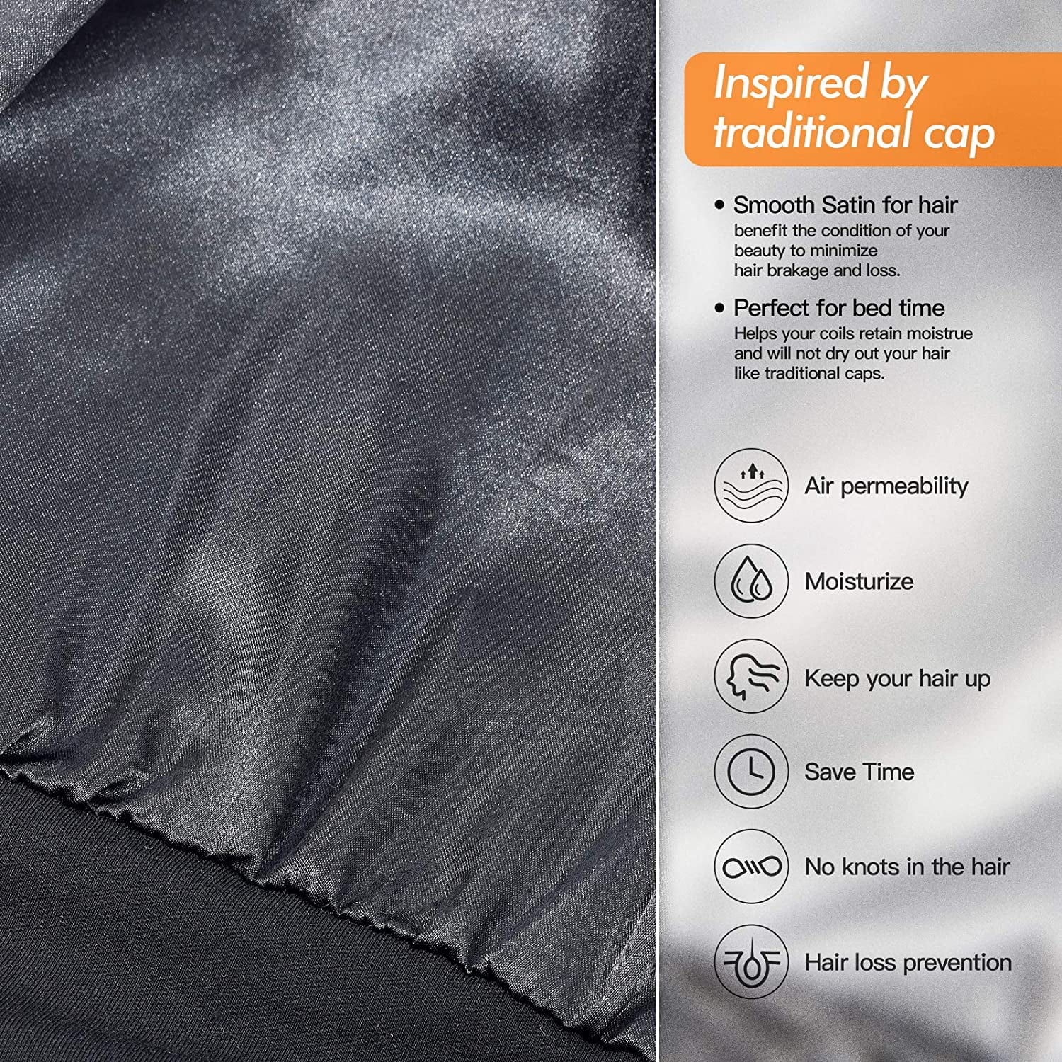 SilkySatin Lined Bonnet Sleep Cap - Adjustable Stay on All Night Hair Wrap Cover Slouchy Beanie for Curly Hair Protection for Women and Men - Black & Light Grey
