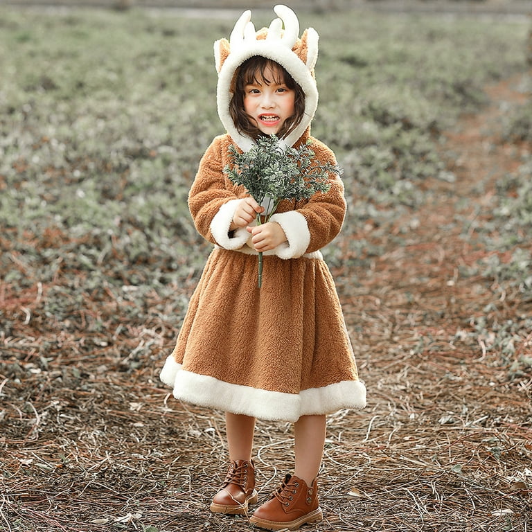 Girls Reindeer Santa Cosplay Dress Pom Pom Hooded Dress Performance Costume  - Walmart.com