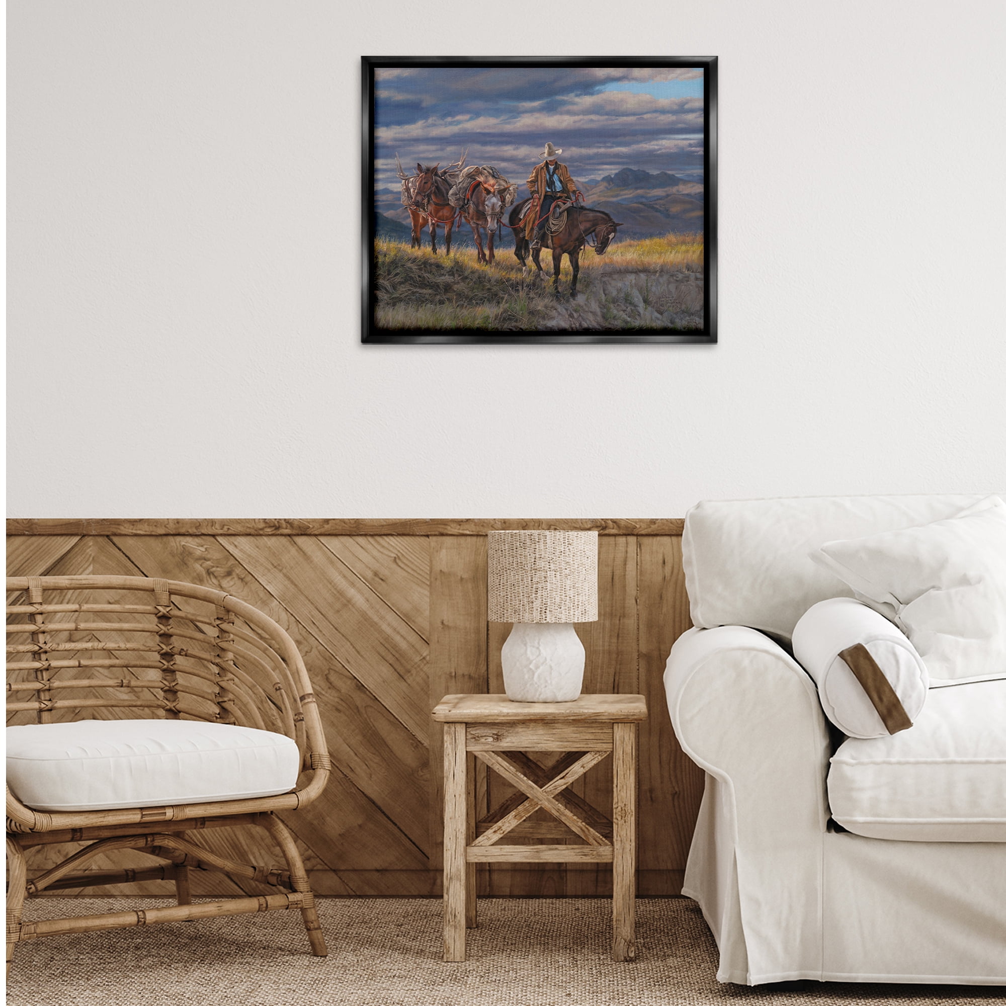 Stupell Industries Sauntering Cowboy & Horses Landscape Painting Black Floater Framed Canvas Art Print Wall Art, 31 x 25