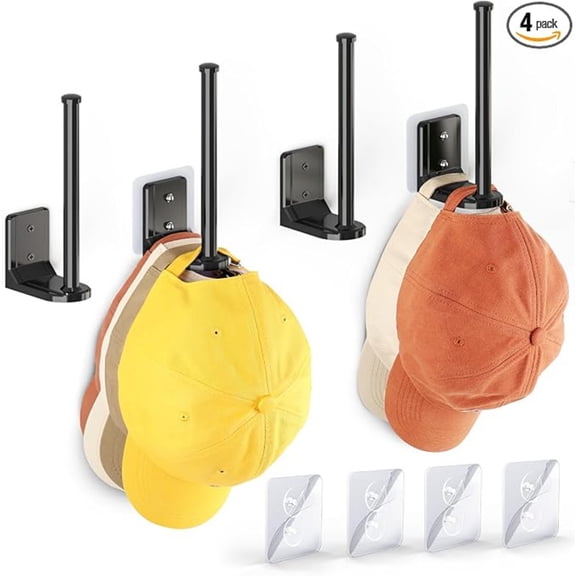 4 Pack Hat Organize, Adhesive/Drilling Hat Rack for Wall, Hat Storage for Baseball Caps, Hat Hanger Hat Hooks for Wall Organization and Storage, Black
