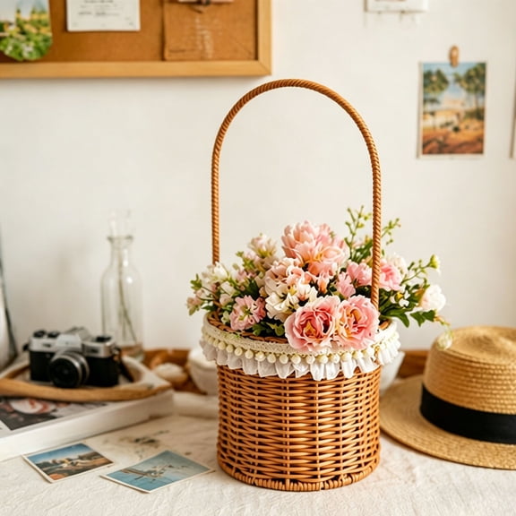 Handwoven Rattan Flower Basket with Handle Durable Faux Rattan Picnic Basket for Home Decor Gardening Weddings and Versatile Storage