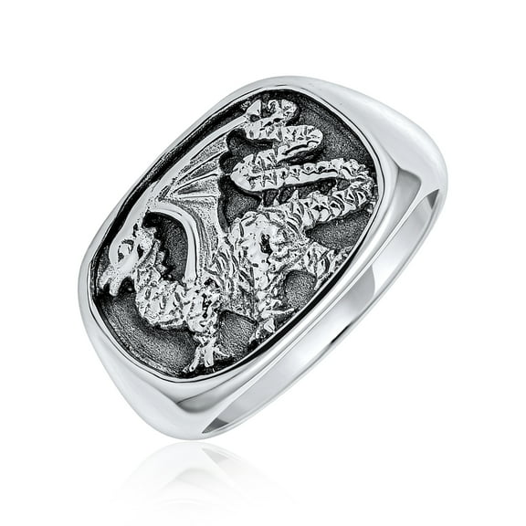 Bling Jewelry Mens Large Rectangle Signet Viking Carved Shield Dragon Ring Sterling Silver
