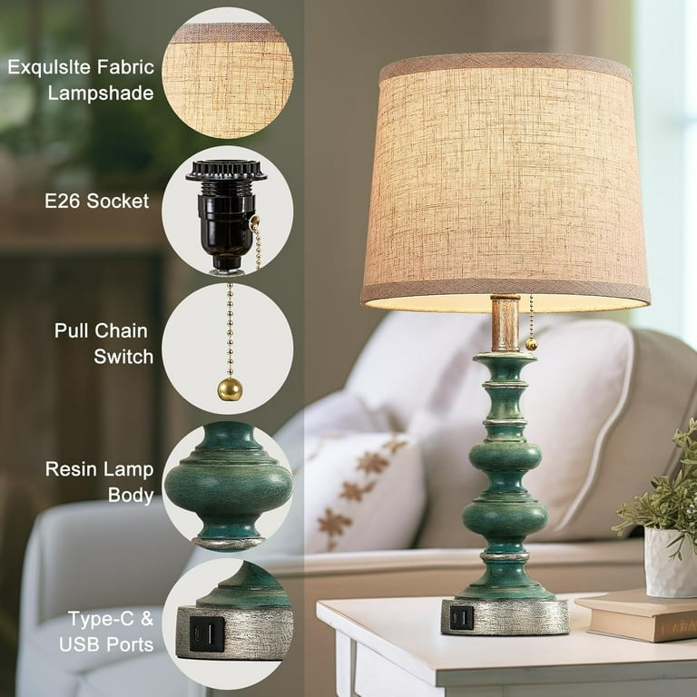 Fabric Lampshade Farmhouse Table Lamps For Bedroom 21'' Farmhouse