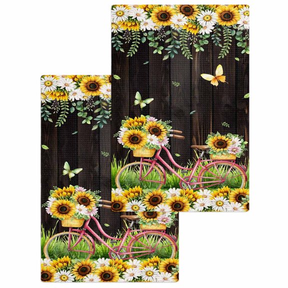 Spring Sunflowers Kitchen Dish Towels for Drying Dishes Set of 2, Bicycles Botanical Flowers Wooden Grain Waffle Weave Microfiber Hand Tea Bathroom Towels Quick Dry & Absorbent Towel 15.7x23.6