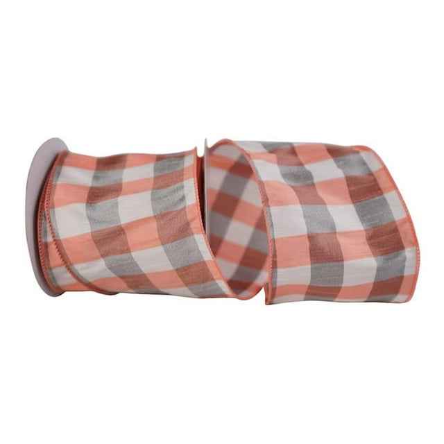 Reliant Ribbon 93128W-397-10F 4 in. 10 Yards Dupioni Check Grande Wired Edge Ribbon&44; Corail & Blanc