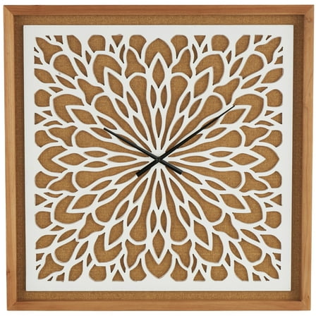 DecMode 32" Brown Wood Floral Wall Clock with White Cutout Board