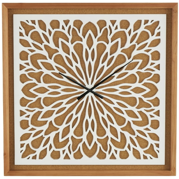 DecMode 32" Brown Wood Floral Wall Clock with White Cutout Board