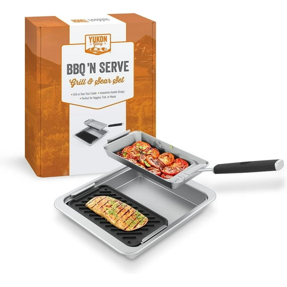 Yukon Glory BBQ 'N SERVE Grill & Sear Set Cast Iron Grill Pan & Stainless Steel Serving Tray