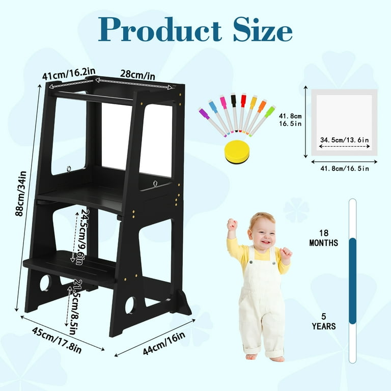 WilBee Kids Kitchen Step Stool, Toddler Step Stool With Chalkboard & Safety Rail For Toddlers 18 Months And Older, Safety Anti-Slip Protection, Removable Step Stool For Adult E, White