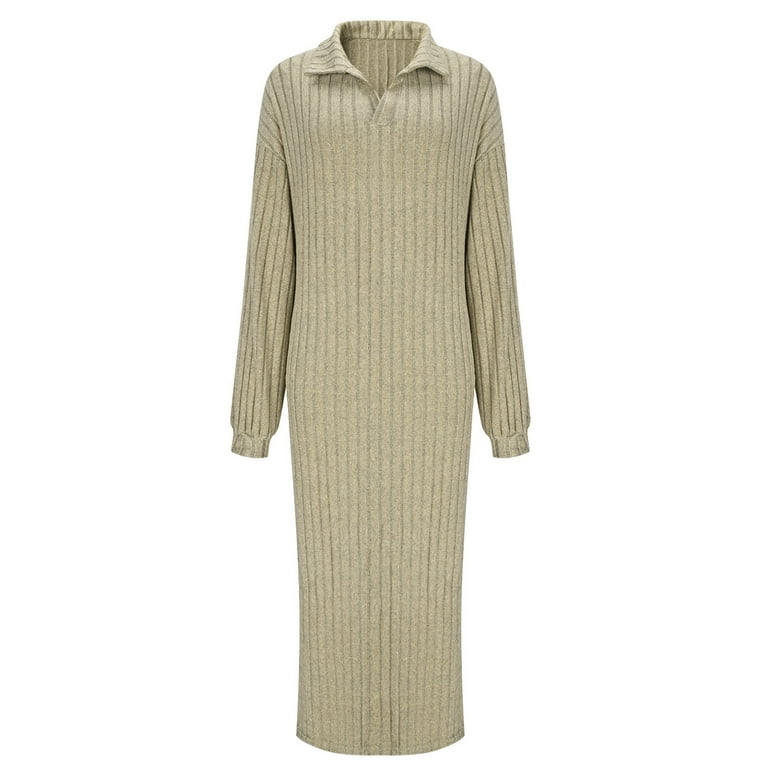 Felirenzacia Womens Casual Dress, Fall Chunky Knit V Neck Collared Long  Sleeve Sexy Slit Loose Midi Dress, Wear to Work Dress