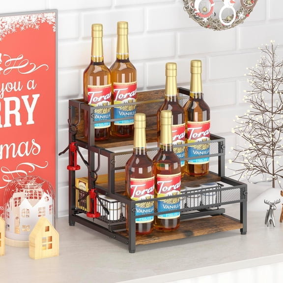YUYAN-3 Tier Coffee Syrup Rack Organizer, 12 Water Bottles Holder Stand Liquor Cabinet Storage, Wine Rack Countertop Storage Rack Coffee Bar Cabinet for Kitchen