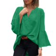 thumbnail image 4 of Women's Plus Size Cotton Linen Tunic, Long Sleeve V Neck Blouse with Flare Sleeve, Solid Color Loose Fit Top for Spring Summer Beach Casual Wear and Vacation Outfits Green L, 4 of 7