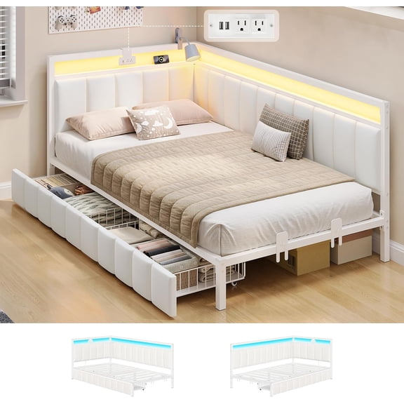 Twin Size Corner Bed Frame with 2 Storage Drawers and Charging Station,L-shaped Daybed with Line Fabric Upholstered Fence,Platform Corner Bed with Led Lights,Beige