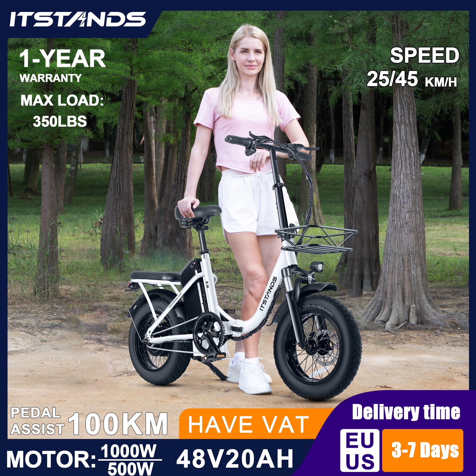 ITSTANDS 800W Electric Bike Folding for Adults 16''x4.0 fat tire E-Mountain Bike 48V 20AH UL2849 Removable Battery Step Thru Electric Bicycle 30MPH Dual Shock Absorption Urban Commuter Ebikes