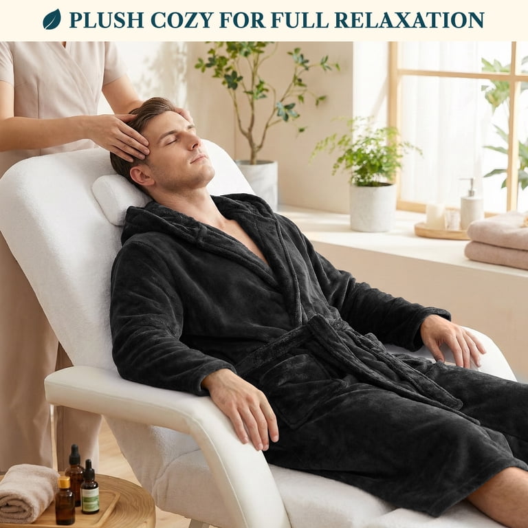 Pavilia Men's Hooded Lightweight Fleece Bathrobe, Black photo 6