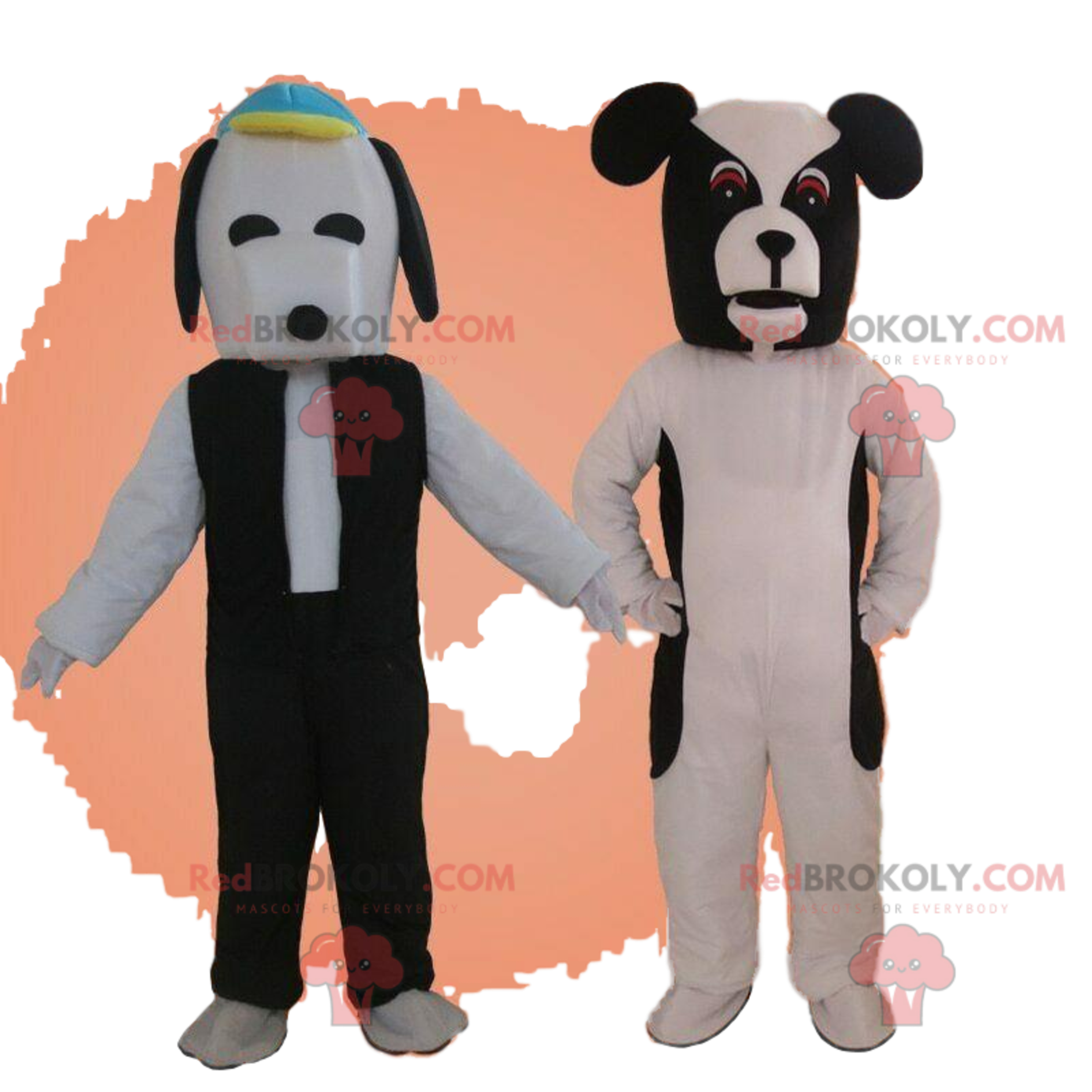 2 dog mascots, black and white dog costumes