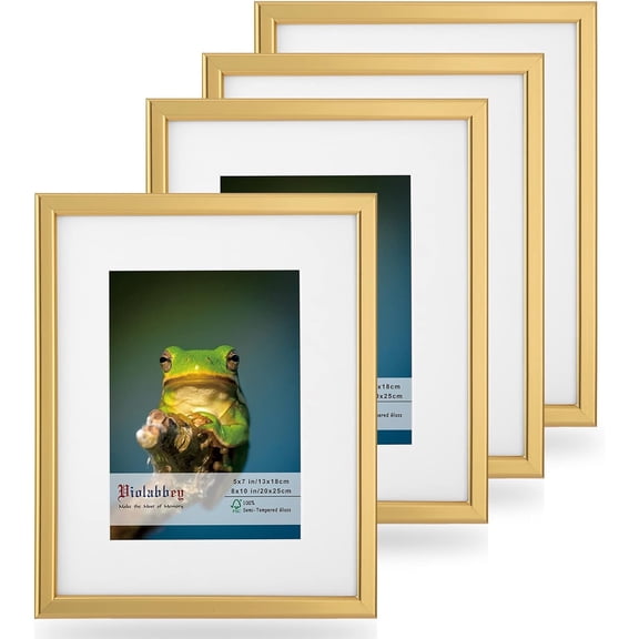 VIOLABBEY 8x10 Picture Frames Set of 4, Fits 5x7 Pictures with Ivory Mat or 8x10 Without Mat, Vertical or Horizontal for Wall or Tabletop Display, Semi Tempered Glass, Light Gold