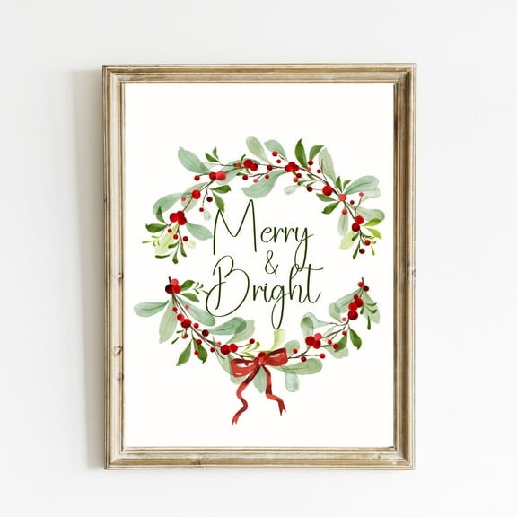 MSFCON Merry and Bright Print | Watercolor Christmas Decor | Christmas Wall Art | Festive Holiday Print | Holly and Ivy Wreath