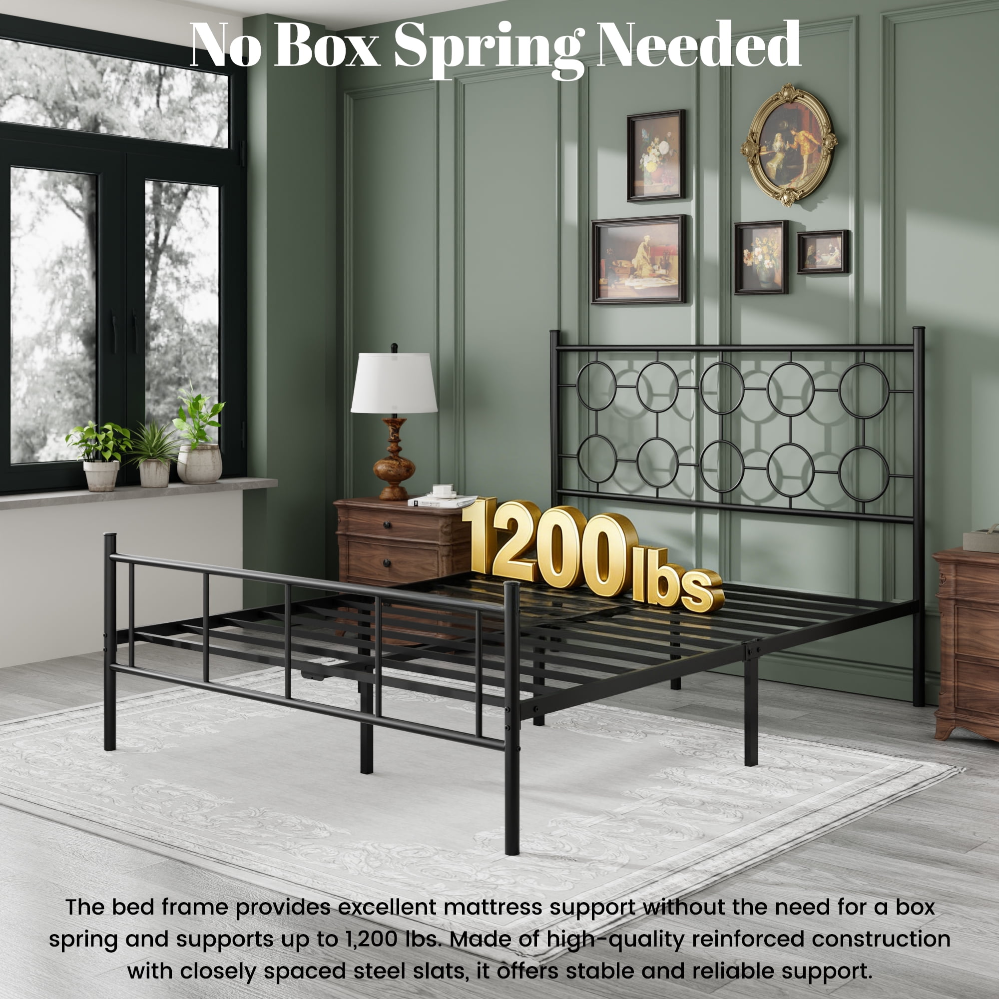 Queen Size Metal Platform Bed Frame with 12" Storage Space, Victorian Style Iron Headboard/Footboard, Sturdy Slat Support, No Springs Required, Easy to Assemble (Mattress Not Included)(Black)