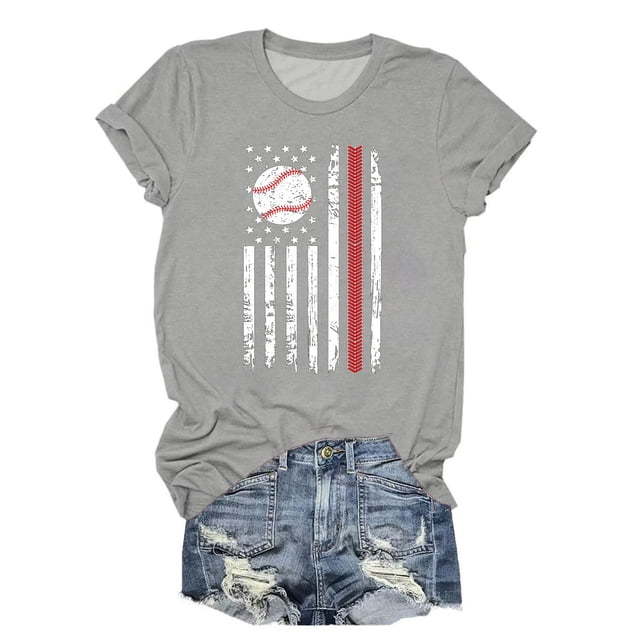 Hauts d'Été pour Femmes, Blouses Décontractées Habillées pour l'Entraînement 2024, T-Shirts Imprimés Baseball pour Femmes, Col Rond, Multicolore, Multi-Tailles, Manches Courtes d'Été, Gris