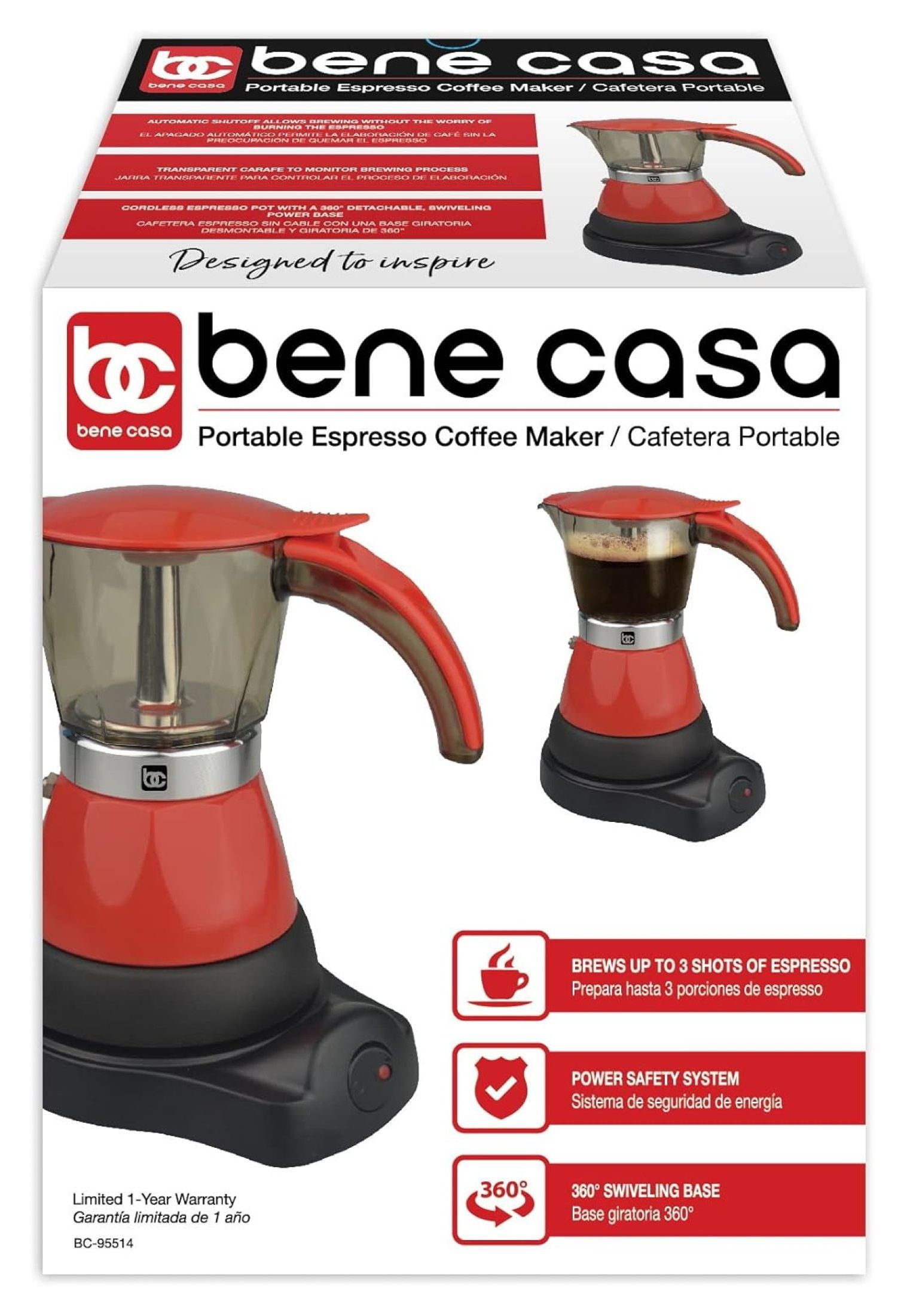 YgIRTID - Electric Espresso Maker 1-3 Cup Red, Cafetera Electrica Roja de 3 Tasa Model BC-95514.