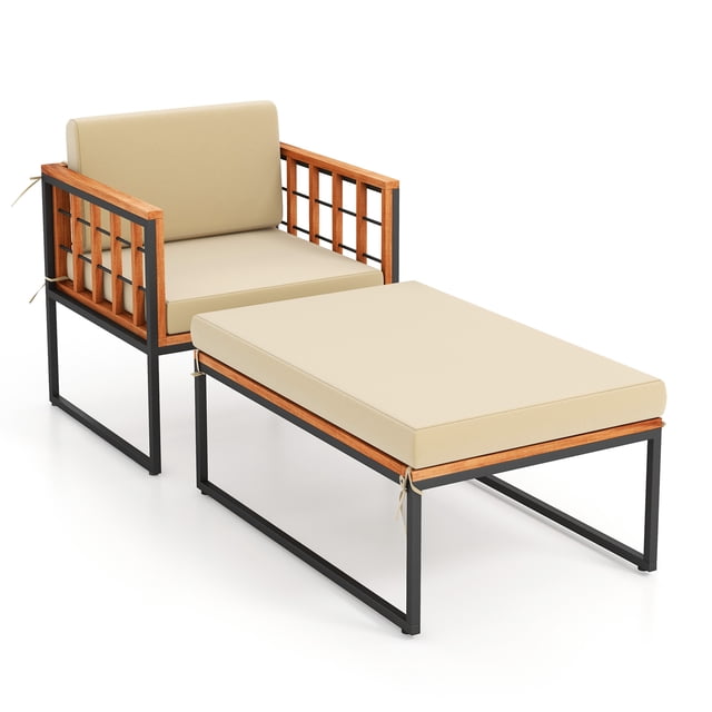 Costway 1 PCS Outdoor Furniture Set Patio Acacia Wood Armchair with Long Ottoman Cozy Seat