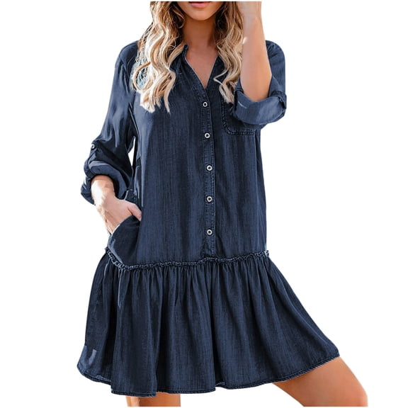 Denim Dresses for Women UK Roll Up Long Sleeve Jean Dress Button Down V Neck Mini Skater Dress Pleated Flared A Line Swing Dress with Pockets Size 8-18