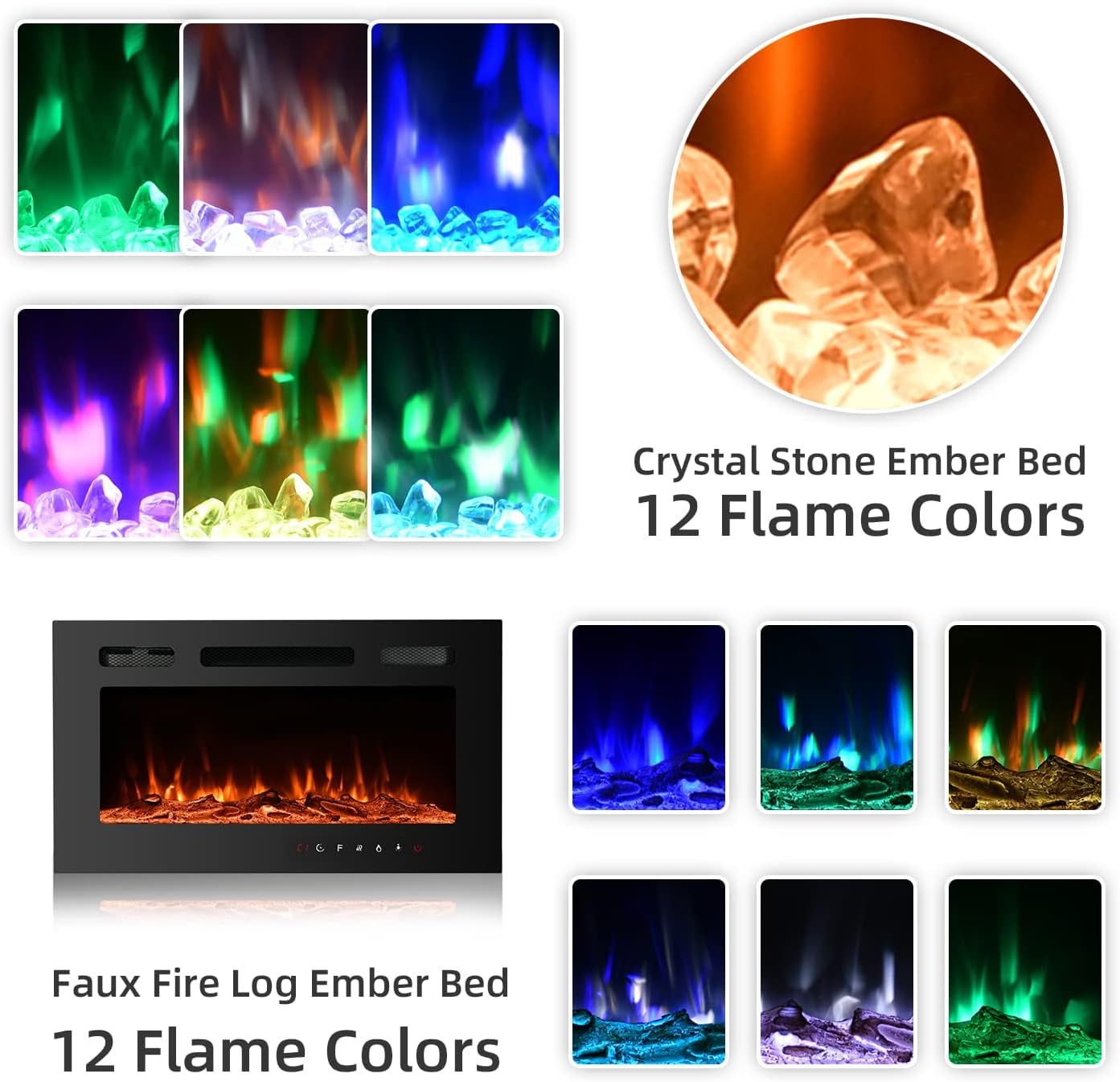 MELLCOM 70'' Floating Fireplace TV Stand with 36'' Electric Fireplace, Entertainment Center with 12 Color Led Lights, TV Console for TVs up to 80'' for Living Room, White