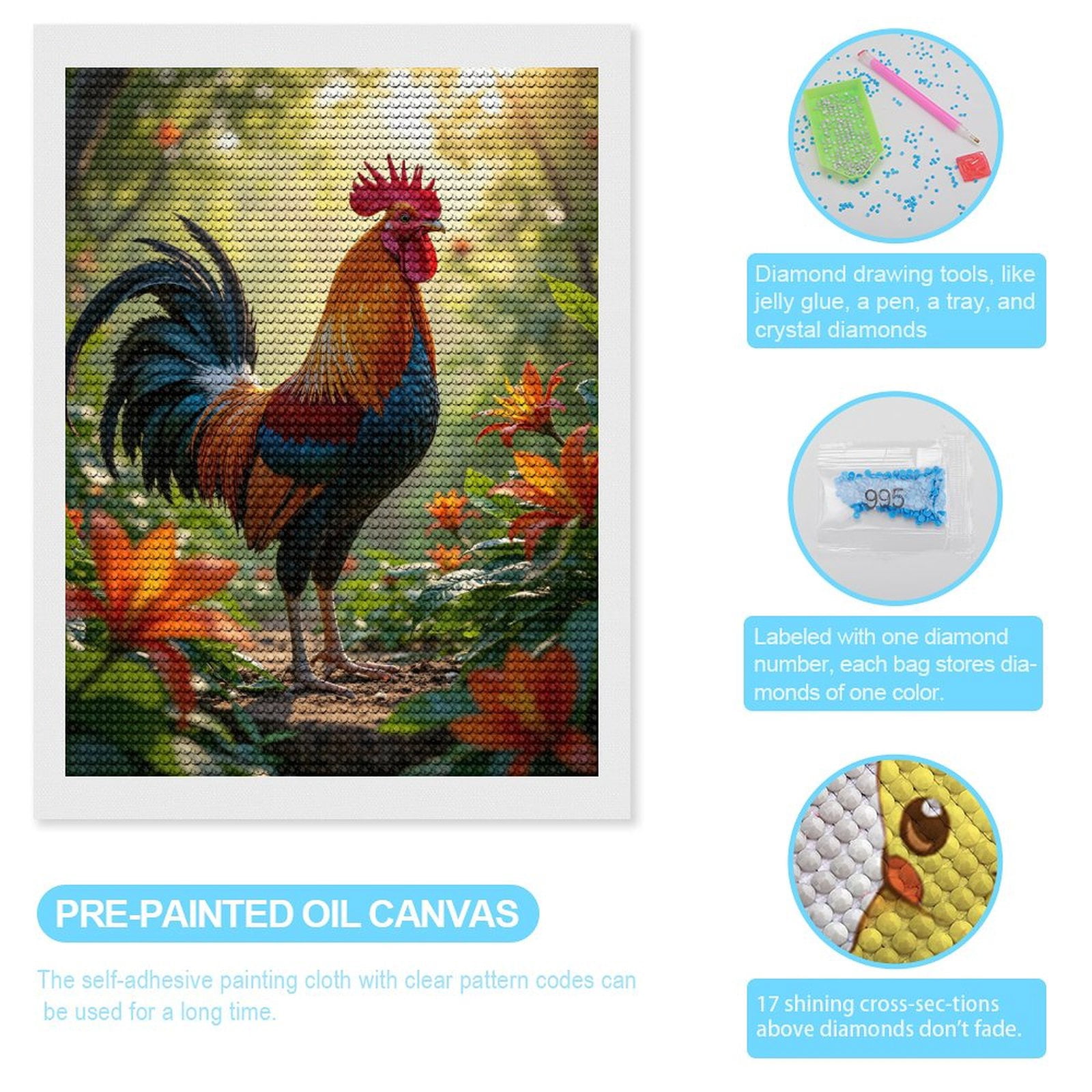 Diamond Art Kits for Adults, Rooster In Vibrant Garden Dawn 5D Diamond Painting Kits for Adults Beginners, DIY Full Drill Diamond Painting, Gem Art and Crafts 12x16