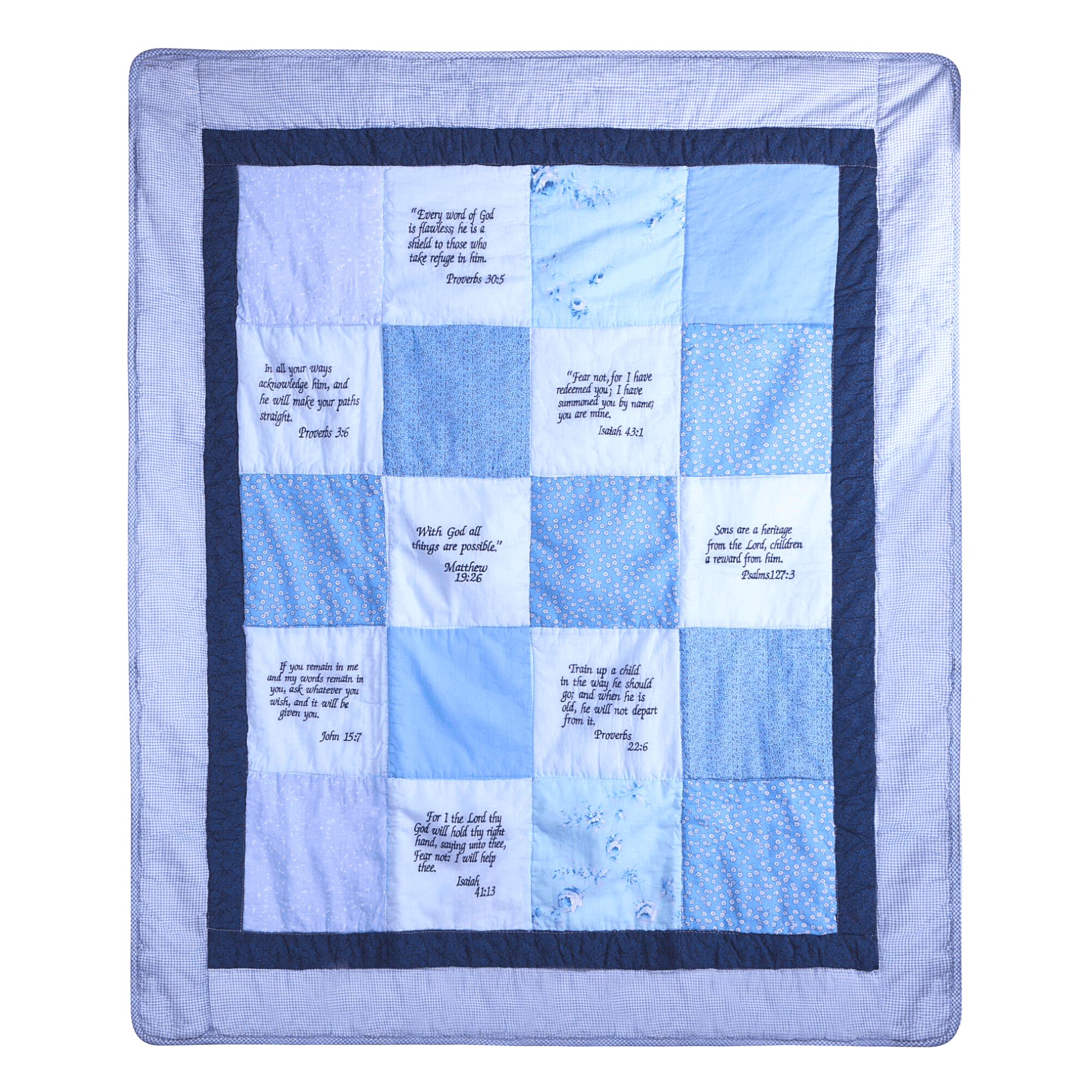 Embroidered Scripture Baby Quilt, Blue