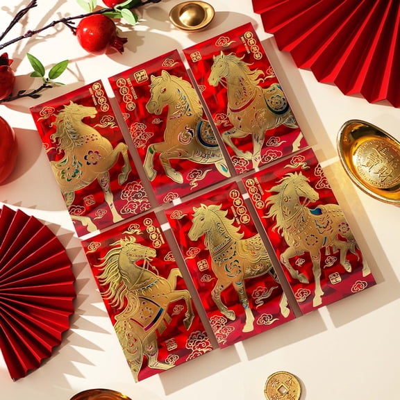 6Pcs Chinese New Year Red Envelopes 2026, Lunar New Year of The Horse Envelopes with 6 Unique Gold Embossed Designs, Lucky Money Red Packets Hong Bao for Spring Festival Birthday