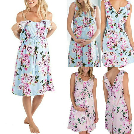 Pregnant Woman Nightgown Sleepshirt Long Nightdress Lingerie Sleepwear Flower Sleeveless Dress Casual Summer Clothes