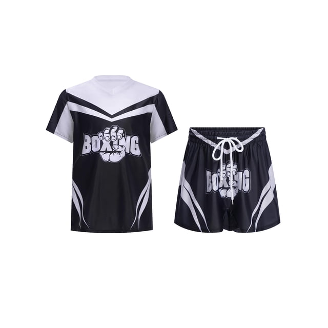 Rswnyirn Ensembles de Boxe pour Garçons Enfants Uniforme de Boxe Robe de Fantaisie Tenue de Boxeur Noir 6