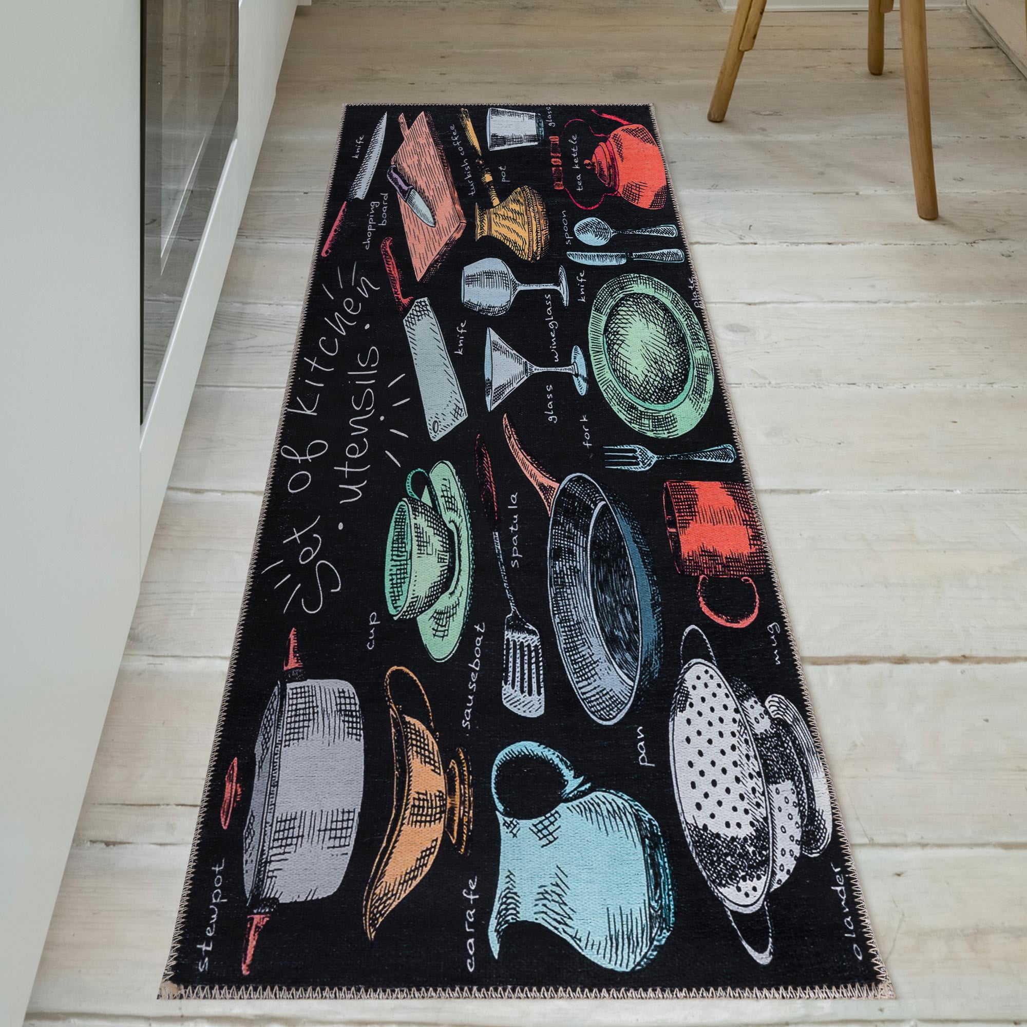 Ottomanson Machine Washable Utensils 2x5 Flatweave Cotton Kitchen Runner Rug, 20" x 59", Black/Multicolor