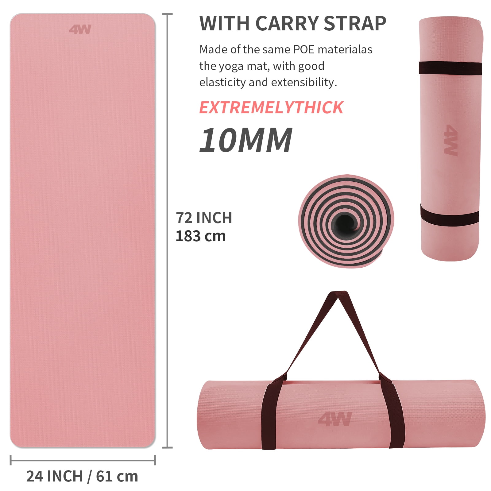 4W 10mm Thick Pink Yoga Mat- TPE Non-Slip Exercise Mats with Strap for Home Workout/Pilatesfor Women Men72"×26"(Pink+Black)