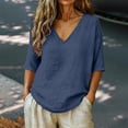 thumbnail image 4 of LIZUOJUN Women's Short sleeve T-shirt Linen Blend 3/4 Sleeve Blouse V Neck Casual Loose Solid Color Shirts for Women,Navy XL, 4 of 7