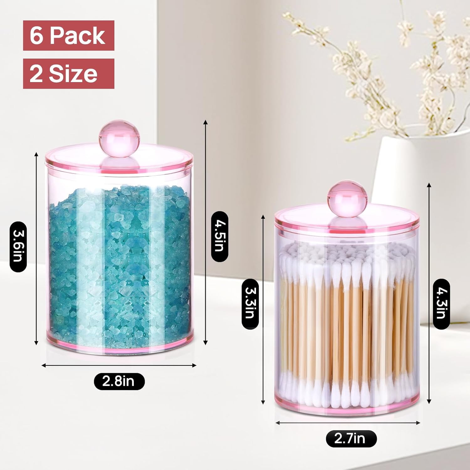 Kiibsot 2 Pack/ 4Pack Qtips Holder, Canister Apothecary Jar Set, Bathroom Jars with Lids Set for Cotton Swabs, Balls, Pads, Floss Picks,10oz-12oz Plastic Canisters Restroom Bedroom Vanity Organizer