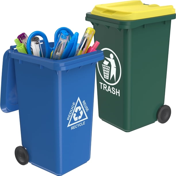 Wiosi Mini soporte para bolígrafo de basura para escritorio | Tiny Recycle Bin Portalápices verde y azul, paquete de 2 | Almacenamiento para lápices y bolígrafos | Papelería de Oficina para Organizar