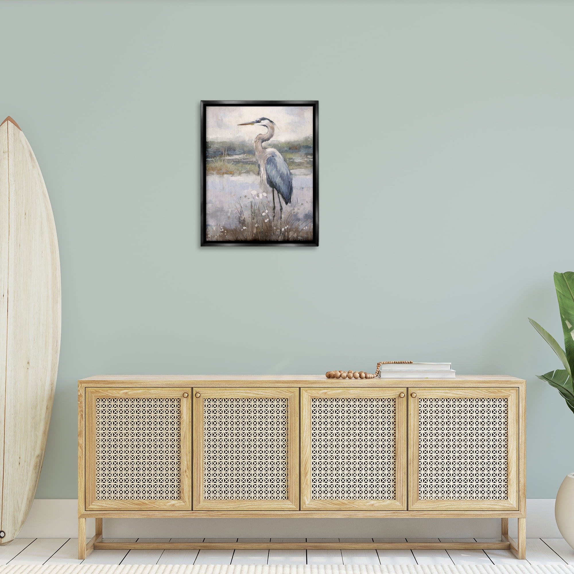 Stupell Industries Coastal Heron on Riverbank Landscape & Nature Painting Black Floater Framed Canvas Art Print Wall Art, 25 x 31
