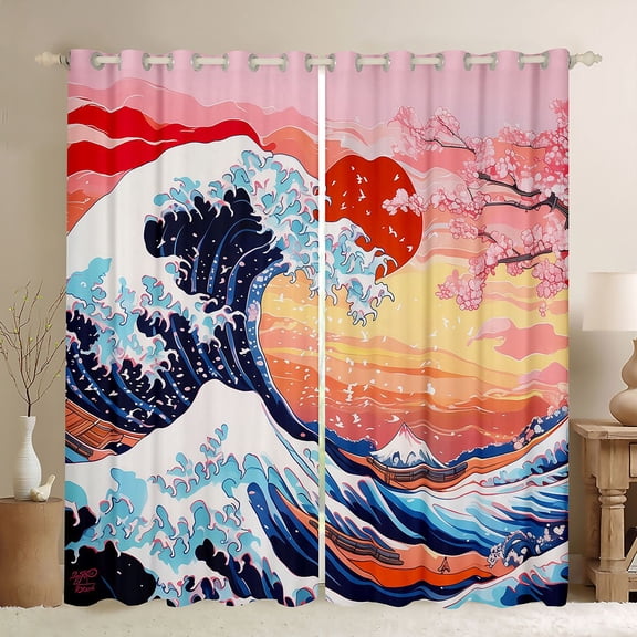 Homewish Japanese Ukiyo-E Black Out Curtains,Ocean Sea Wave Curtains Pack of 2 (42x63 Each),Orange Sunset Bedroom Curtains For Girl Kids,Luxury Bedroom Decor