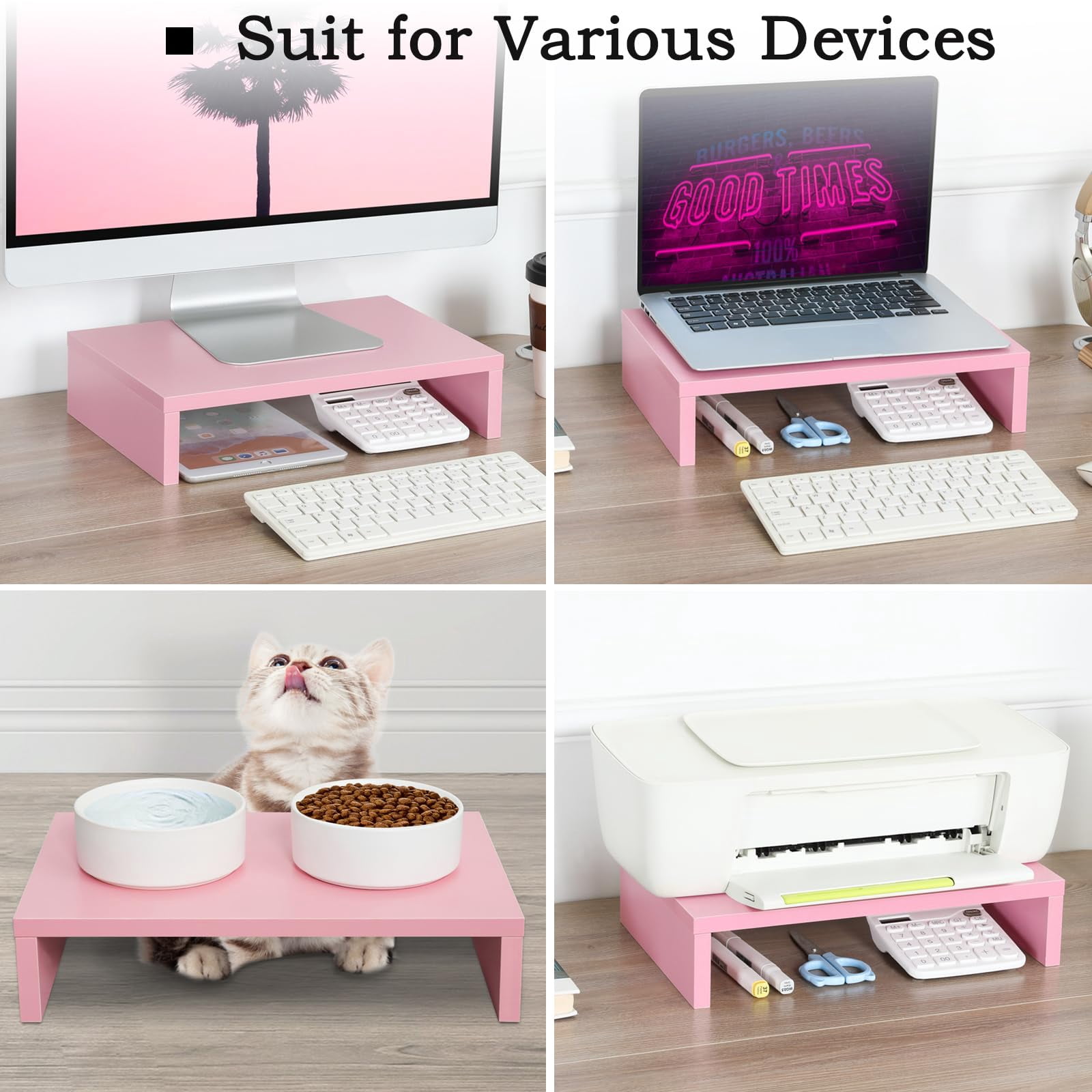 Pink Monitor Stand Riser-2 Pack Wood 2 Tier Adjustable Dual Riser For 2 Monitors/laptop/pc Computer Desk