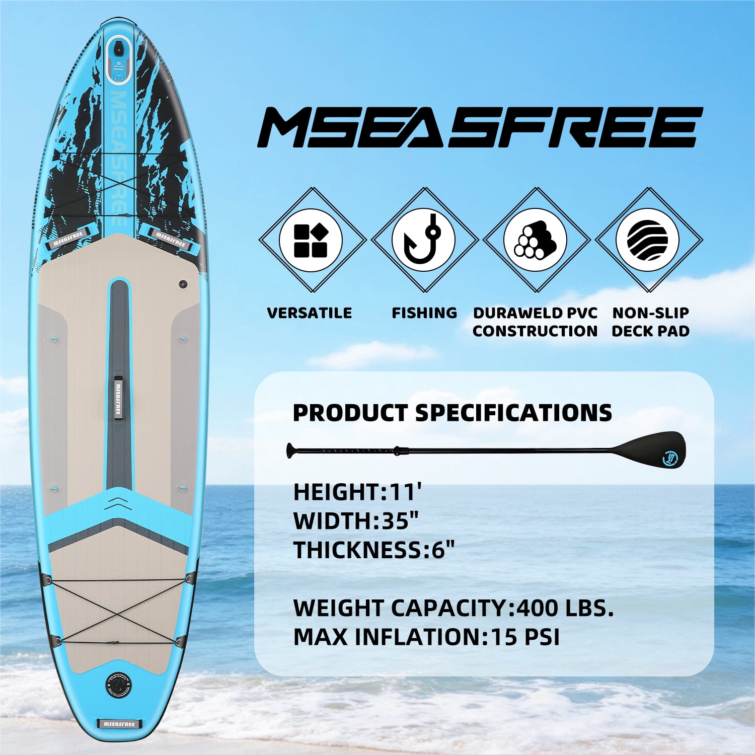 MSEASFREE 11 ft Inflatable Paddle Board Stand up Paddle Board All-Purpose Fishing Board with Full SUP Accessories