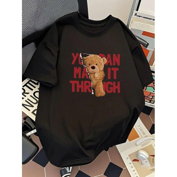Cotton T-Shirt for Men - Cute Teddy Bear Graphic, Black Casual Streetwear Tee "YOU CAN MAKE IT THROUGH" Print, Loose Fit Short Sleeve Relaxed Fit Tee Street Style Fashion | Pullover Shirt